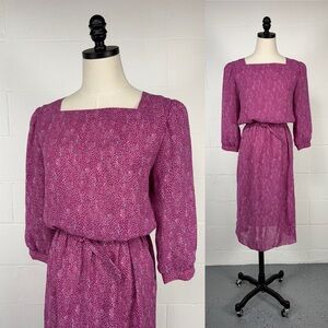 Vintage 80s Sheer Pink  Purple Ditsy Floral Blouson Shirt Dress Square Neck  12